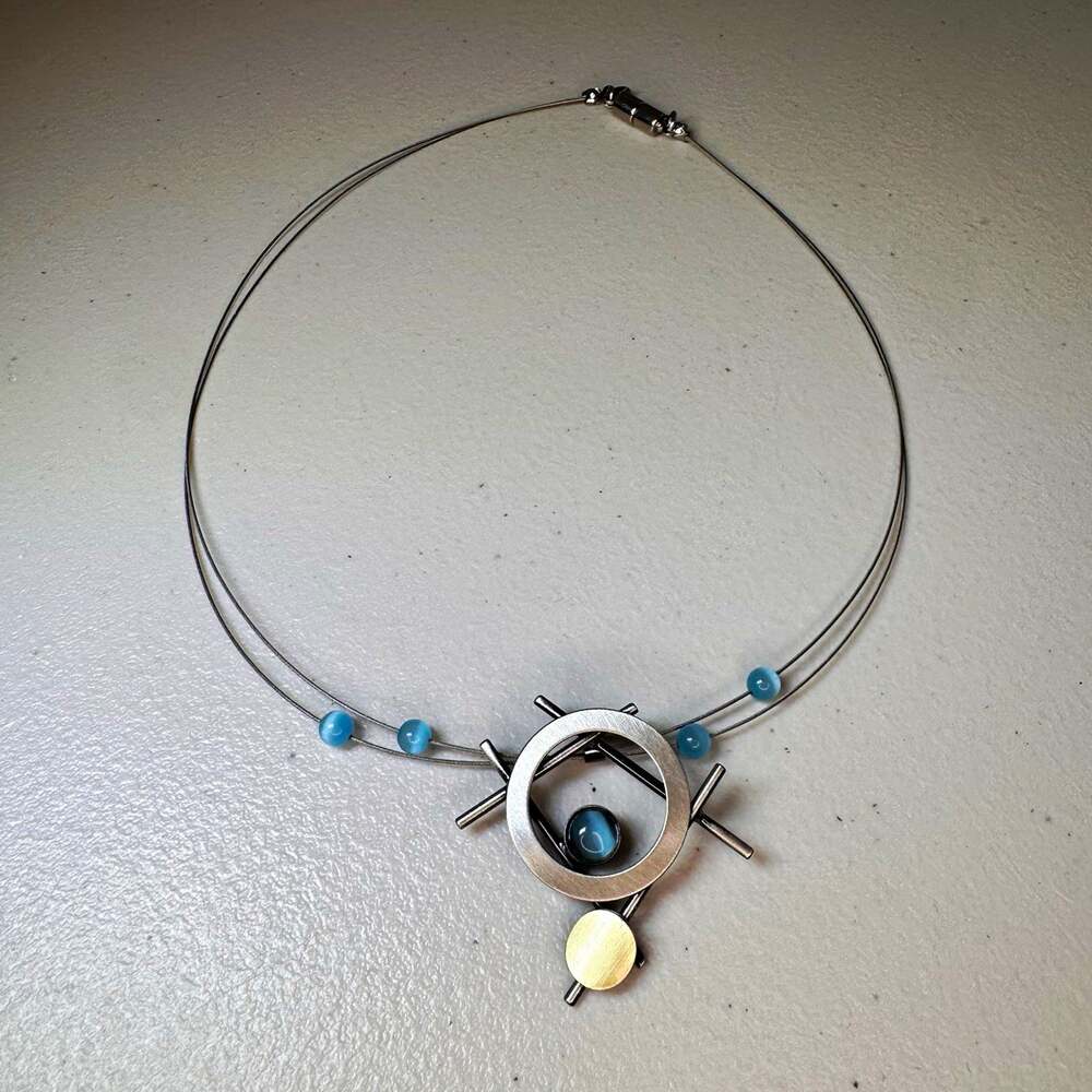 Christophe Poly Signed Modernist Geometric Blue Cat Eye Wire Necklace Magnetic